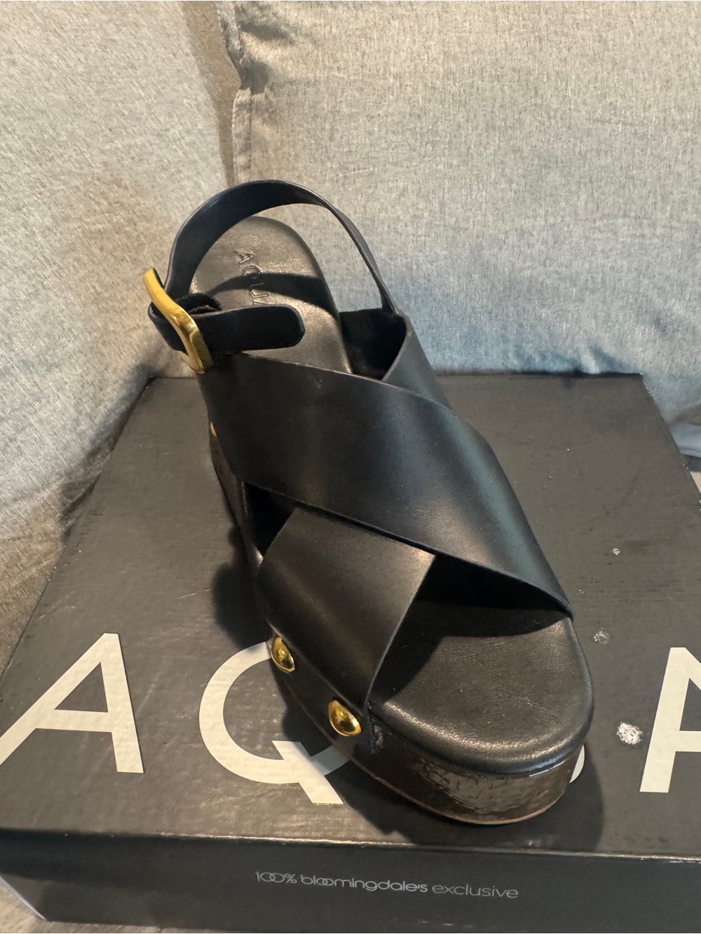 Aqua Black Leather Crisscross Platform Sandal with Gold Buckle